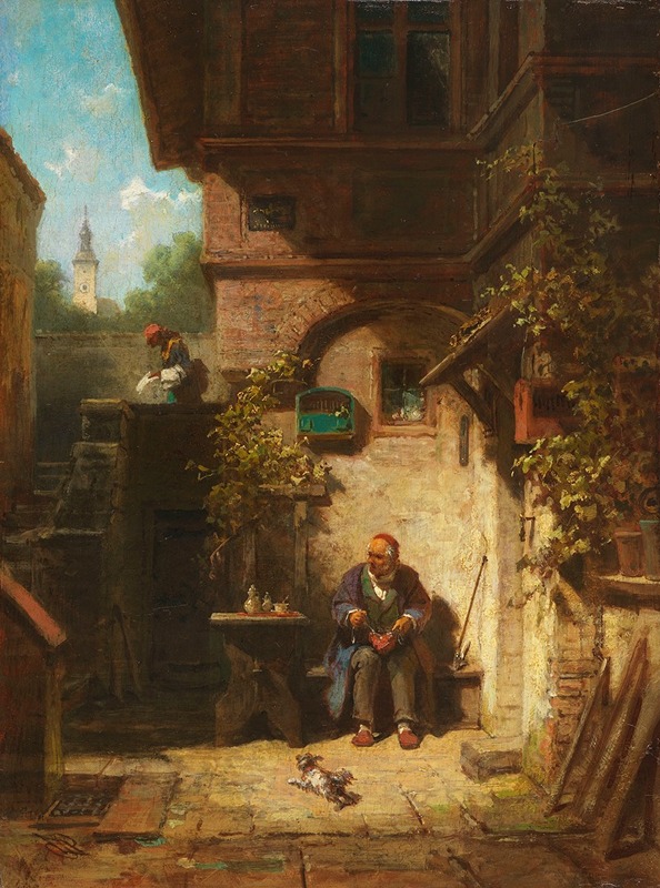 an oil painting depicts an elderly man seated in a sunlit courtyard, his small dog lying near his feet. the man, wearing a blue coat and red hat, sits on a stone bench against a weathered wall. he appears to be working with his hands, possibly mending something. to his left stands a simple wooden table holding a tea set. above, a birdcage hangs near a window. the courtyard is framed by brick buildings, with climbing vines adding to the rustic scene. in the distance, a steeple rises above the buildings, visible through a small opening. another figure can be seen working by the stairs, obscured by the building's shadow. ladders are propped against the wall. the scene is bathed in warm light, creating strong shadows and highlighting the textures of the brick and stone.