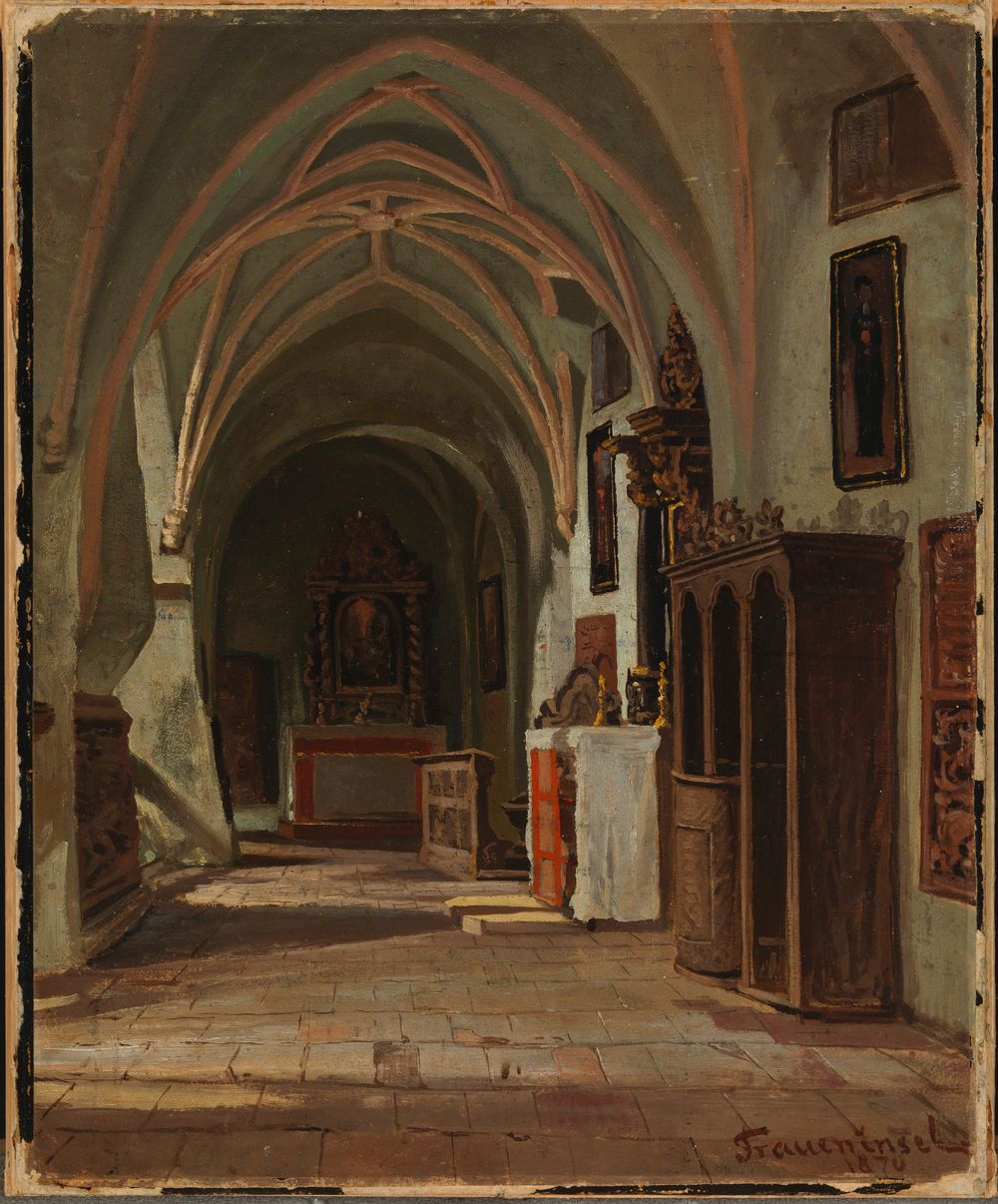 the painting shows an interior view of a church, likely a chapel or part of a larger church. the architecture is predominantly gothic, characterized by vaulted ceilings with ribs meeting at a central point. the lighting is directional, casting shadows and highlighting different areas of the interior, with sunlight streaming in from the left. along the right wall, a confessional and other religious artifacts are visible. in the distance, an altar and other religious displays can be seen. the inscription "fraueninsel 1870" is in the lower right corner, indicating the location and date of the painting.