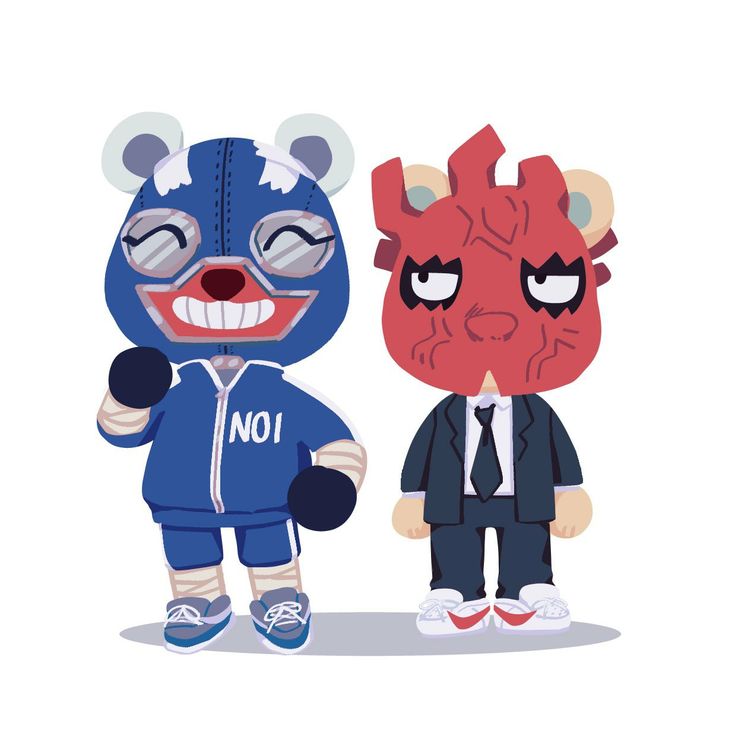 this image shows two animal crossing villagers. the villager on the left is wearing a blue tracksuit and a blue mask with boxing gloves.  the villager on the right is wearing a black suit, a red mask with a white tie and white shoes.
