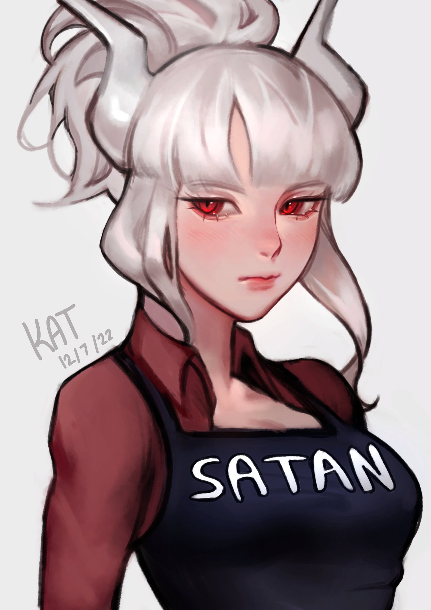 the image is a digital painting of an animestyle girl with white hair and horns. she has red eyes and is wearing a dark apron with the word "satan" written on it. the art style is soft and slightly whimsical, with a focus on soft colors and smooth lines. the girl's expression is serious but not unfriendly. the overall feel is one of cute and slightly edgy fantasy.