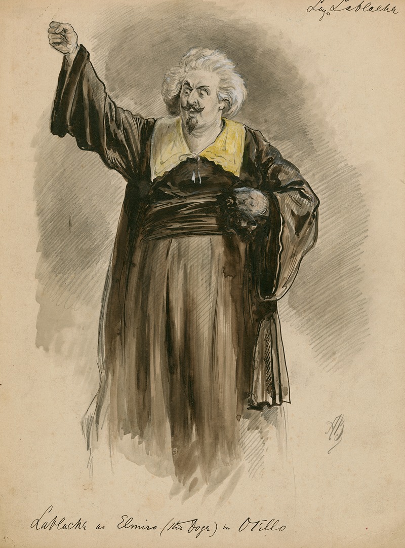 a watercolor drawing depicts a man in a theatrical costume, likely for an operatic role. he is identified as luigi lablache in the role of elmiro in "othello." the man has a large white wig, a distinctive moustache, and a beard. he is wearing a long, dark robe with wide sleeves and a yellow collar. in one hand, he holds a mask or small skull. he raises his other hand in a dramatic gesture. the drawing is signed "liza lablache" in the top right corner and has some writing at the bottom identifying the subject and the role. the sketch is done in ink wash style with sketchy strokes defining the form.