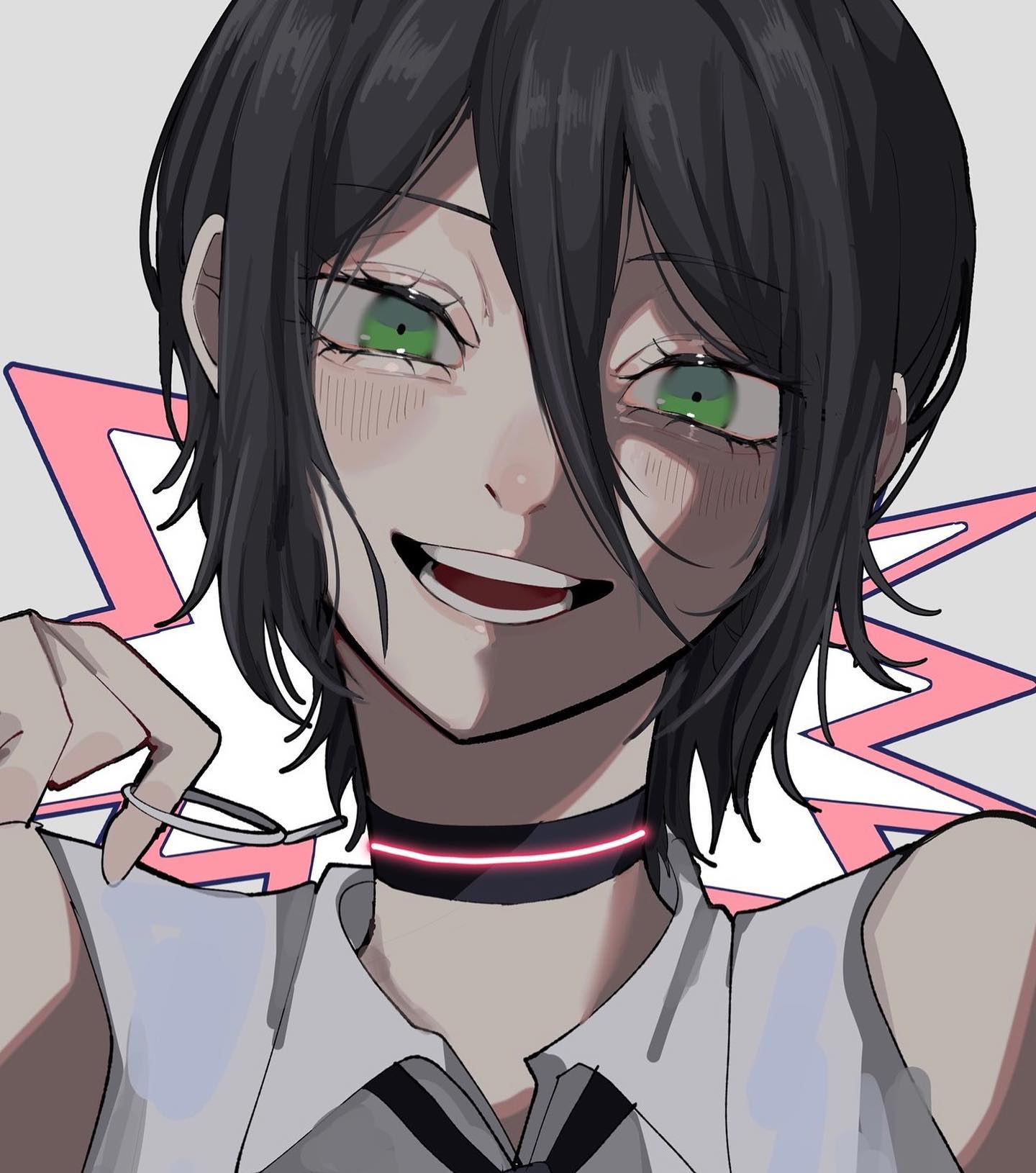 the image is a digital drawing or illustration of an animestyle girl. she has short, dark hair, vibrant green eyes, and a noticeable blush on her cheeks. she's sporting a playful, almost mischievous smile. her expression is lively and expressive. the girl is wearing a simple school uniformlike top and a black choker with a thin pink light or line across it. the background features a stylized, energetic design in pink and gray. the overall style leans towards a cute yet slightly edgy aesthetic.  the art style is detailed and polished.