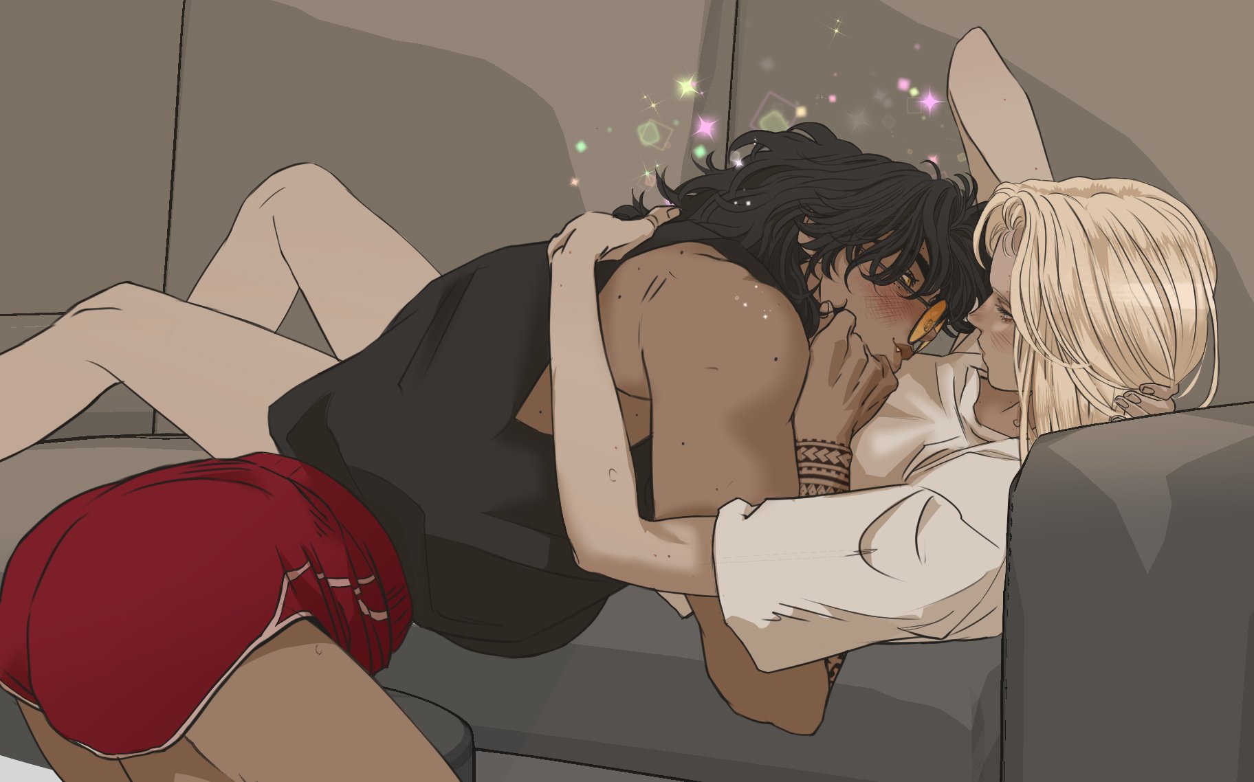 the image depicts an animated scene of a romantic encounter between two individuals on a couch. a man with dark hair and a tribal tattoo is shirtless except for a black tank top. he is embracing a woman with blond hair, who is wearing a white tshirt, in a passionate kiss. the man is sitting up in red shorts while the woman is on the couch. the overall atmosphere is intimate and affectionate, indicated by the sparkling elements around them.