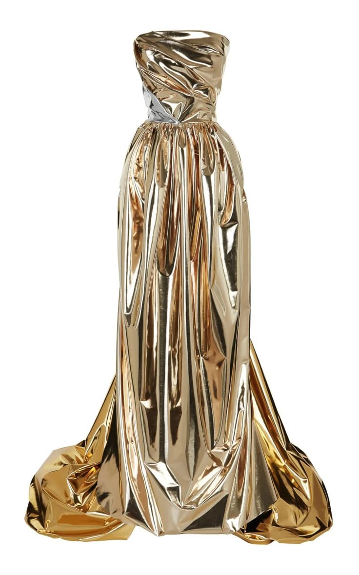 a strapless, floorlength gold gown stands against a white background. the dress is made of a shiny, metallic material that reflects light. the gown has a draped and gathered effect, creating folds and volume in the skirt.