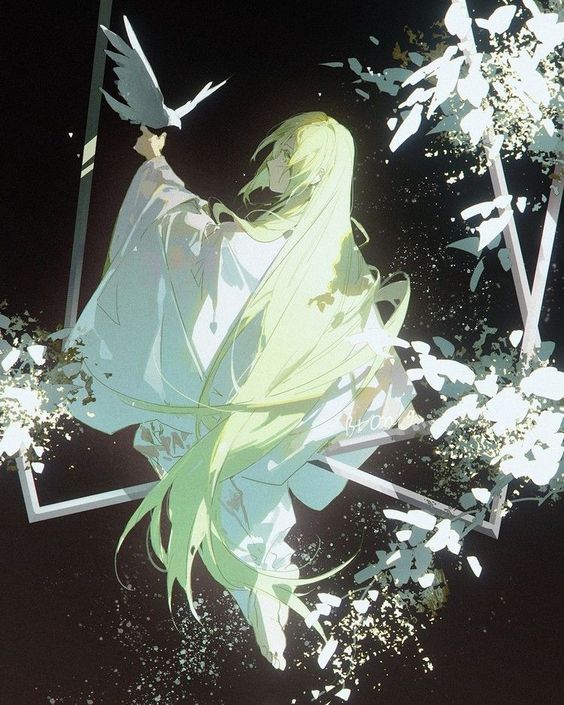 the image depicts a young man with very long, flowing lime green hair, floating against a dark background. he's dressed in flowing white clothing reminiscent of a kimono and holds a white bird, possibly a dove, in his outstretched hand. he appears serene and peaceful. white leaves and branches frame him, adding to the ethereal and fantastical atmosphere. the overall color palette is muted with a focus on cool tones, emphasizing the magical and serene mood.