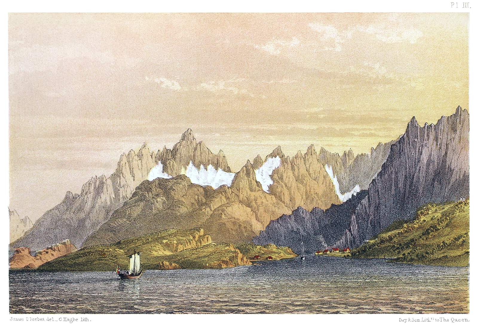 illustration of a mountainous landscape with glaciers, water, a boat, a shoreline, a village, trees, rocks, and a sky.