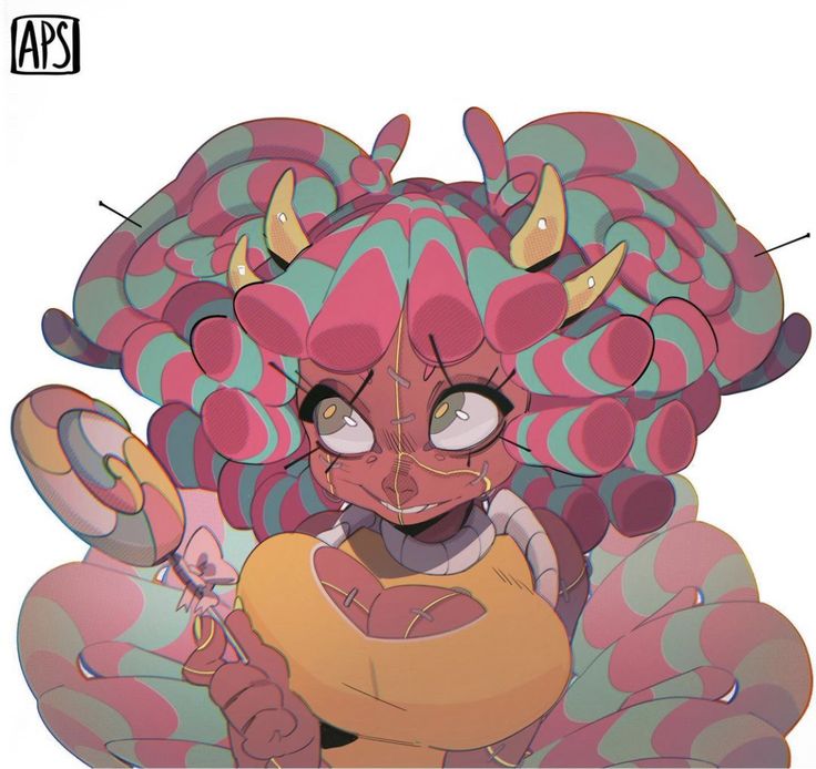 a digital illustration of a cartoon anime girl with pink and green hair, horns, and a stitched face. she is wearing a yellow top and holding a colorful lollipop. she has big eyes and a mischievous smile.