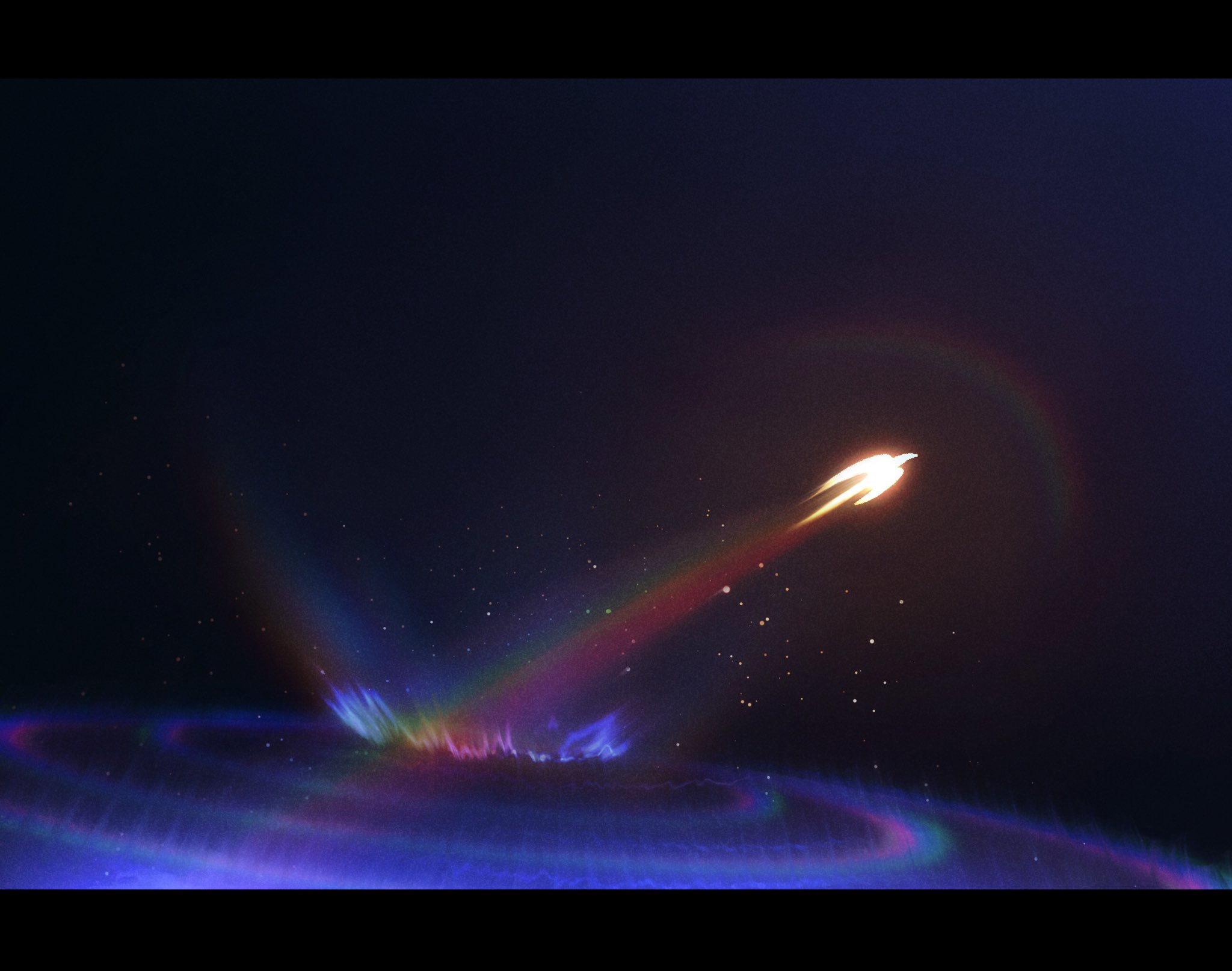 the image showcases a spaceship soaring through the vast expanse of space. it leaves behind a vibrant trail of rainbowcolored energy as it ascends from a swirling blue and purple nebula. the background is a dark, starry void, emphasizing the spacecraft's journey into the unknown.