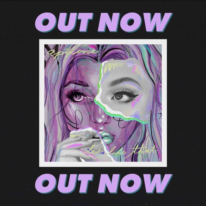 the image shows a promotional graphic for a song or album titled "options" and "be like that". it features a digital art illustration of a woman with half of her face depicted in vibrant purple and pastel colors, while the other half is covered by a piece of torn paper that reveals a black and white image of her eye. the text "out now" is displayed in large letters above and below the artwork.