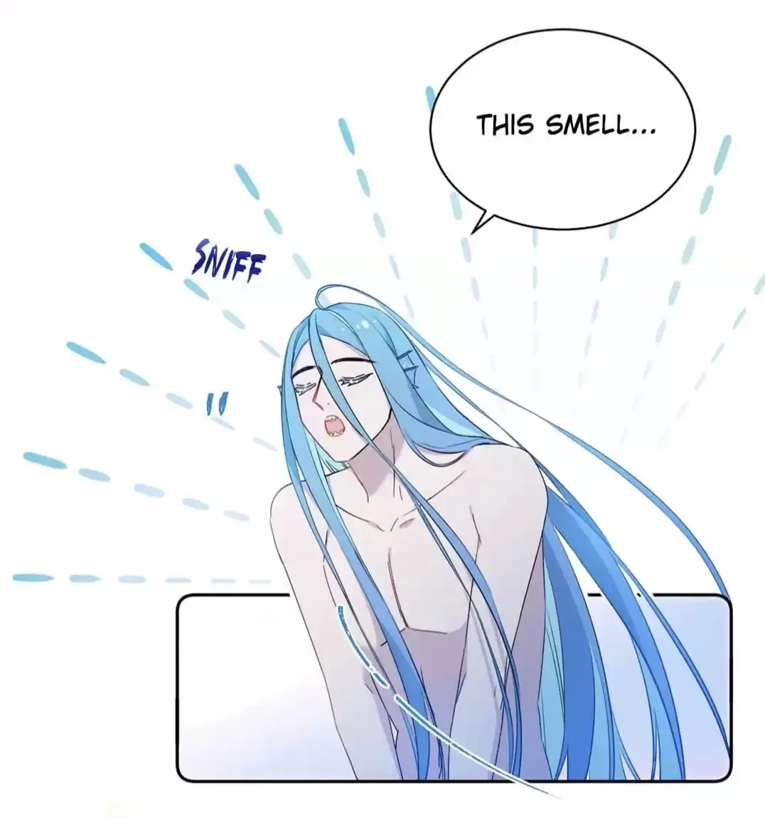 the image is a panel from a manga, manhwa, or similar style comic. it features a topless male character with long, flowing light blue hair. he has a surprised or intrigued expression on his face, and his mouth is slightly open, as if he is smelling something. a speech bubble above him says "this smell...".  lines radiating out from him suggest a strong scent, and smaller text near him reads "sniff." the overall style is light and pasteltoned. the character is presented from the chest up, his body mostly exposed.  he appears to be of ethereal or otherworldly origin, based on the styling.