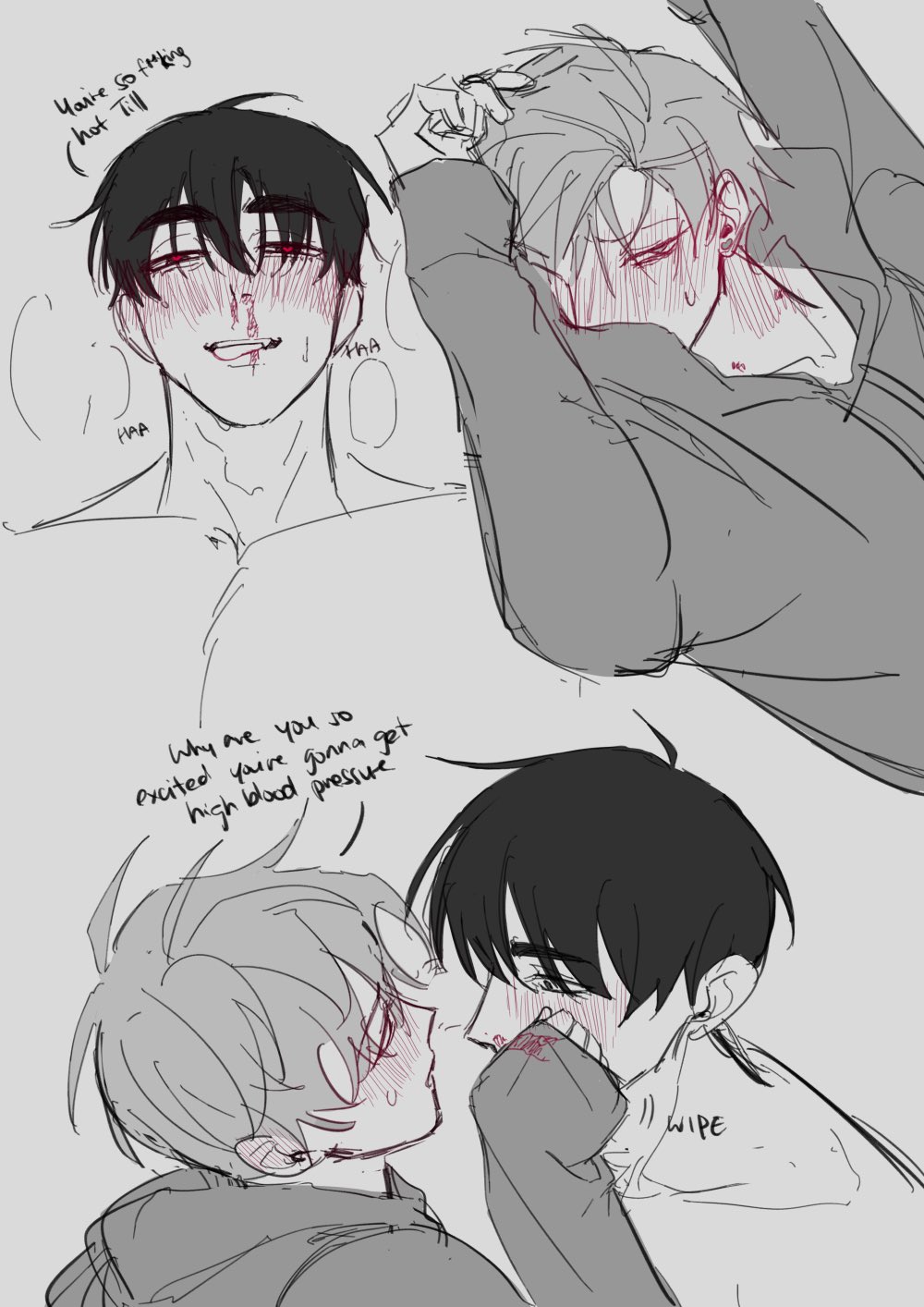 this is a drawing of two anime boys, one with black hair and one with blonde hair. the black haired boy is blushing and has a small heart shape drawn by his cheek. the blonde haired boy is also blushing and has hearts over his eyes. the image is drawn in a rough style and is very cute, implying these two boys are blushing at each other, or possibly are shy about their feelings for each other.