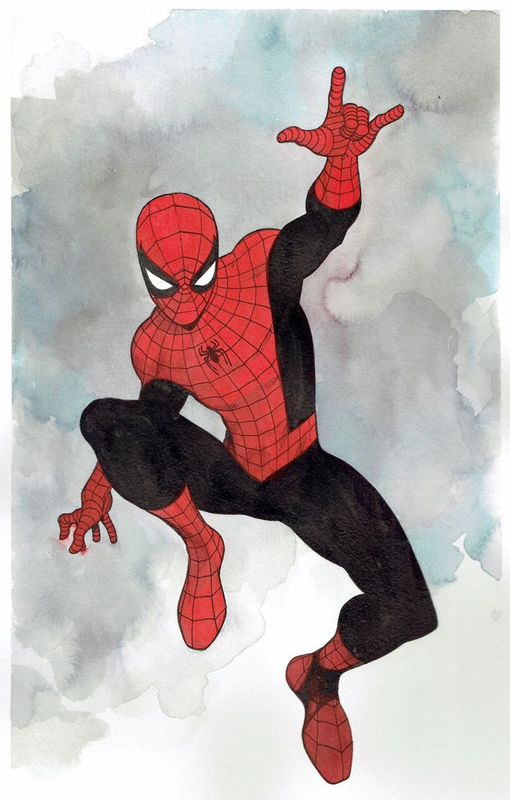 a watercolor drawing of spiderman in mid air. he's in a striking pose, his hand out in a stop motion. the drawing is done in a comic book style.