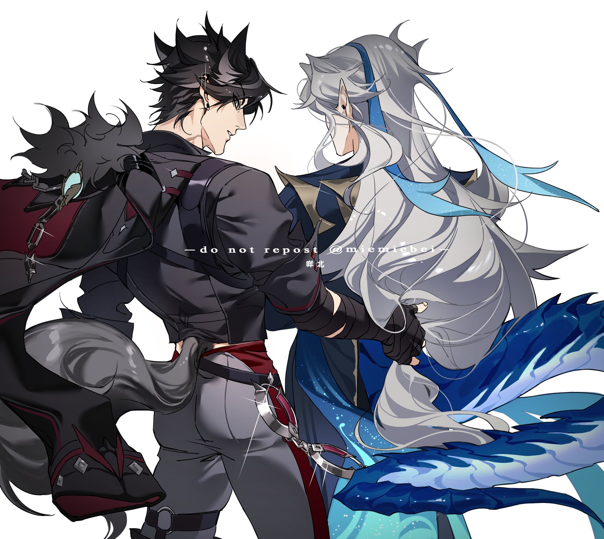 this image features a pair of anime boys holding hands, the one on the left has dark hair, a black wolf tail, and is wearing a black and red outfit, while the boy on the right has silver hair, a blue dragon tail, and is wearing a blue and white outfit. the boys are looking at each other with affection, showcasing their love and connection. the image is set against a white background, highlighting the characters and their dynamic.