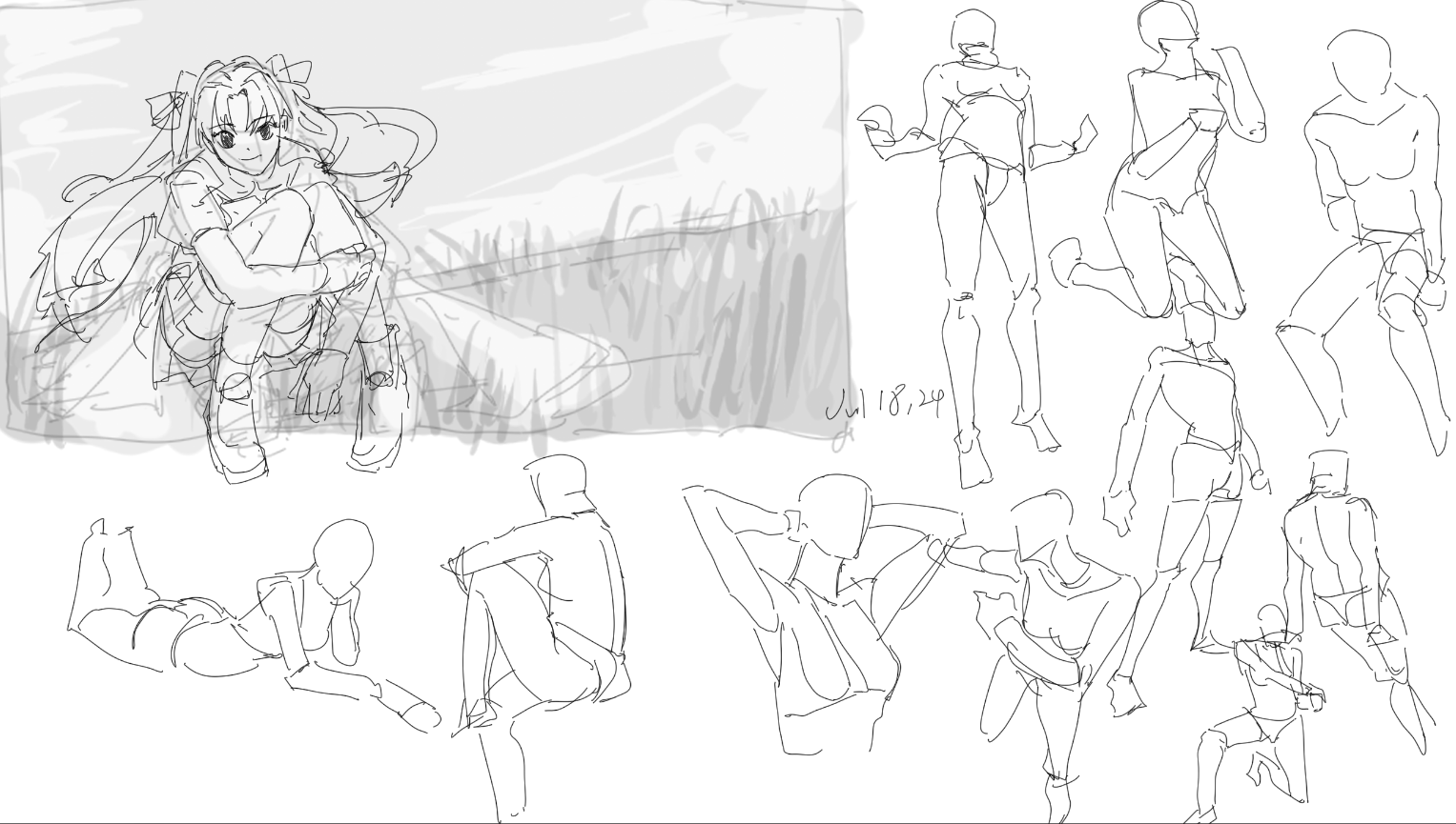 the image is a collection of sketches and pose studies.  on the left side, a more detailed sketch shows a young anime girl with long hair sitting in a field. the rest of the image is populated with various figure drawings exploring different poses, likely for practice or reference. the overall style is loose and suggestive, focusing on capturing gesture and form.