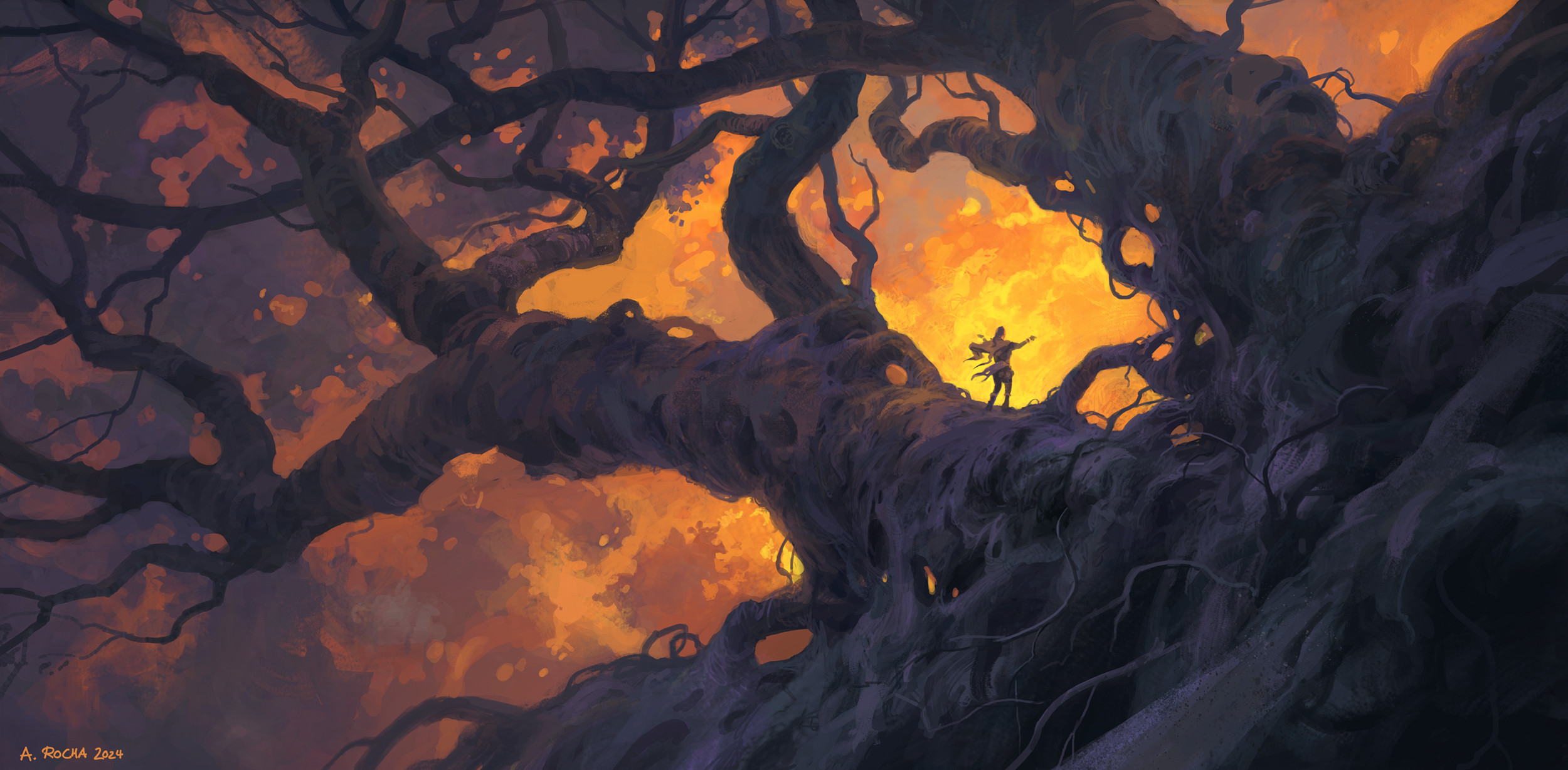 a woman stands on a massive, gnarled tree limb, silhouetted against a fiery sunset. the tree dominates the composition, its branches reaching up into the sky like arms. the woman is small in comparison, but her pose suggests a sense of wonder and awe. the colors are warm and vibrant, with the sunset casting a golden glow over everything.