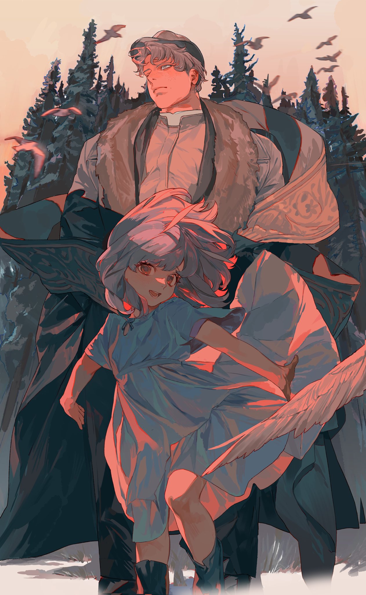 an anime style illustration shows a man and a girl standing outside in a snowy winter landscape. the man, with gray hair and a hat, wears a large furlined cloak. the girl, in front of him, has short white hair and wears a light blue dress and black boots. birds fly above them against a backdrop of tall pine trees. the lighting creates strong shadows and highlights.