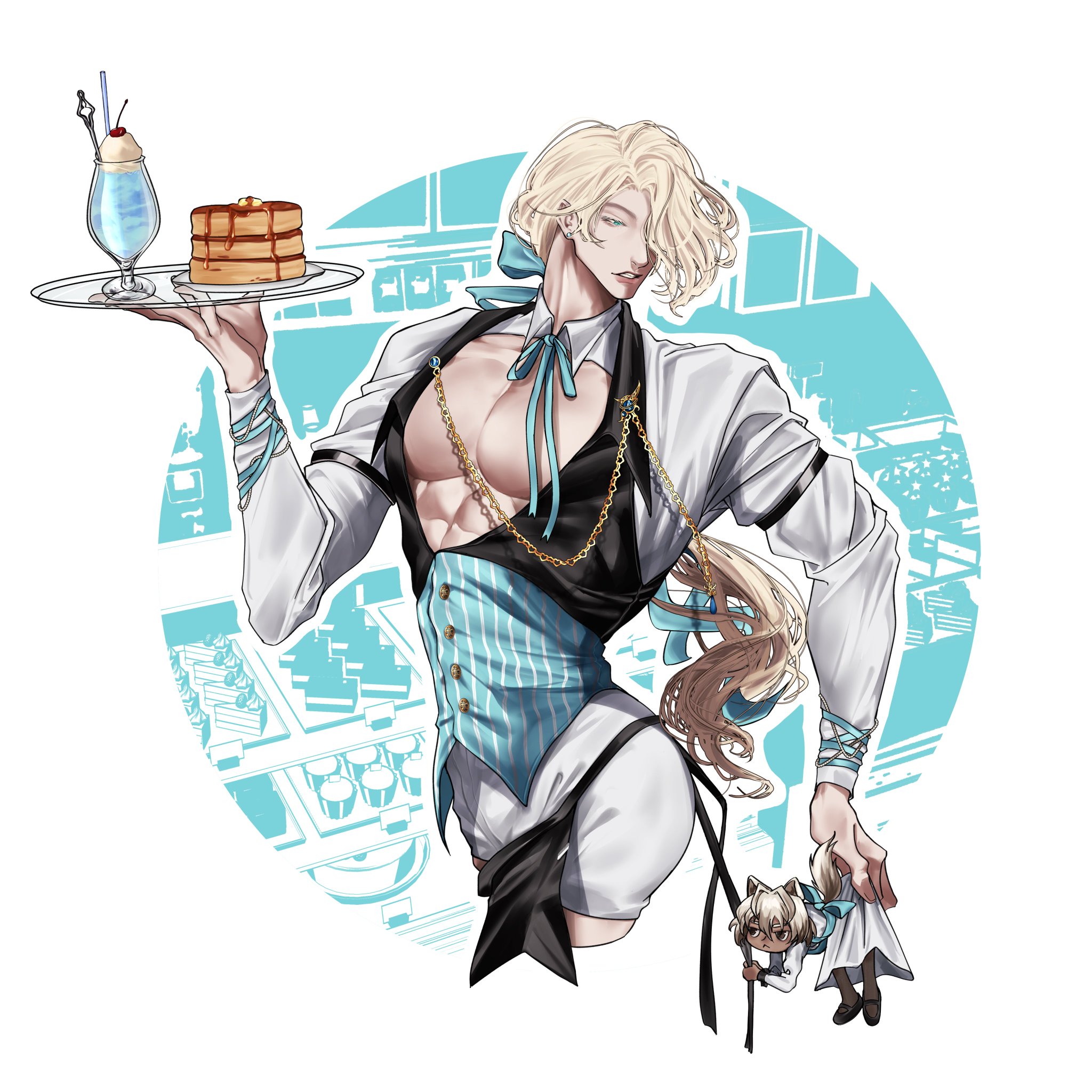 the illustration features an anime male character dressed as a waiter. he has blonde hair, a white shirt, a black vest, a blue corset, and a bow tie. he is serving a tray with a milkshake and a stack of pancakes. the character is smiling and seems happy to be serving the food. he is also holding a small doll dressed as a waitress. the background is a blue and white circular pattern that suggests a cafe or restaurant setting.