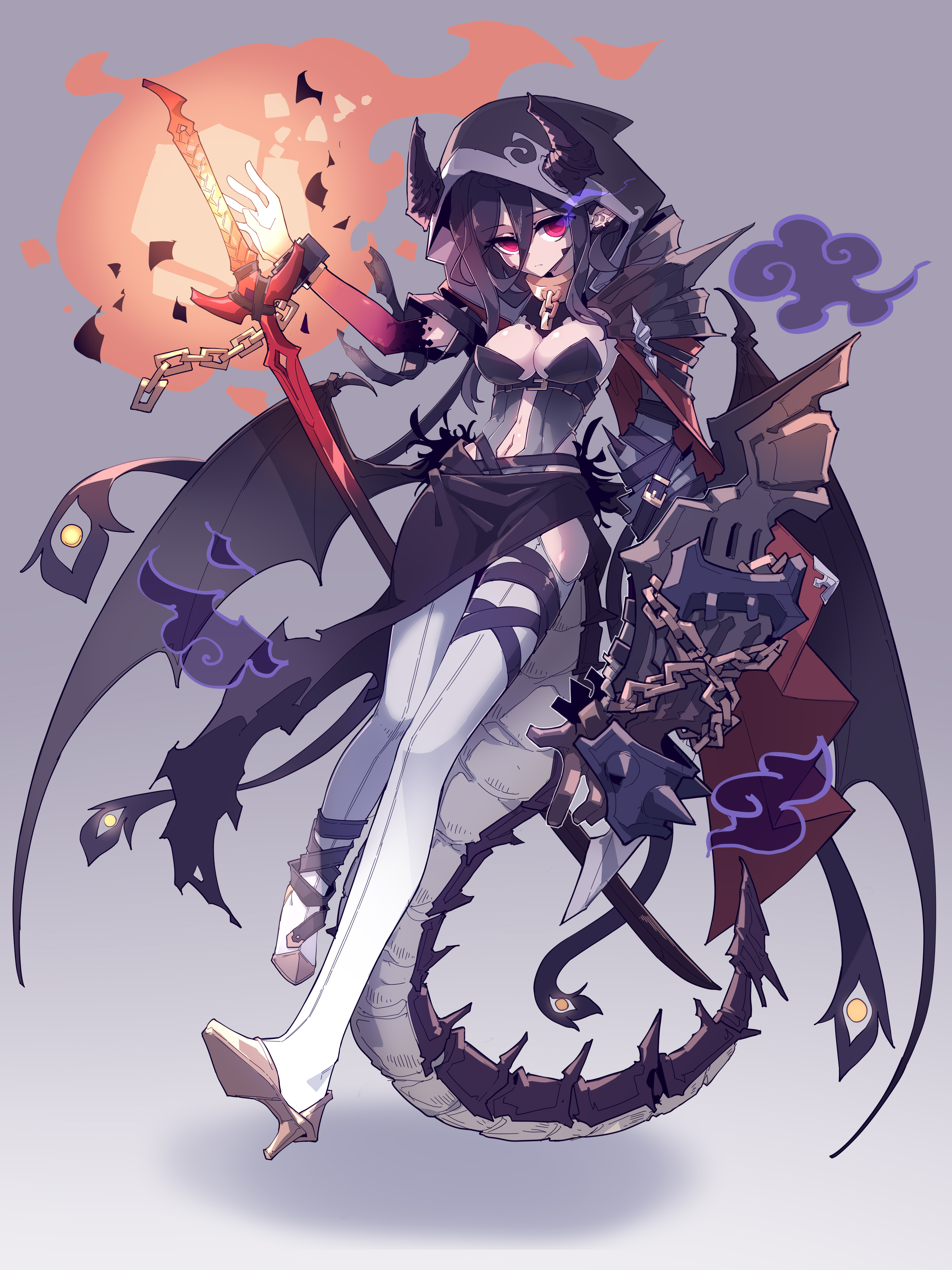 the image depicts an animestyle demon girl with red eyes, wearing a dark attire and a hood. she has a tail and holds a sword surrounded by magic. chains are present in her design, and she wears white stockings and heels.