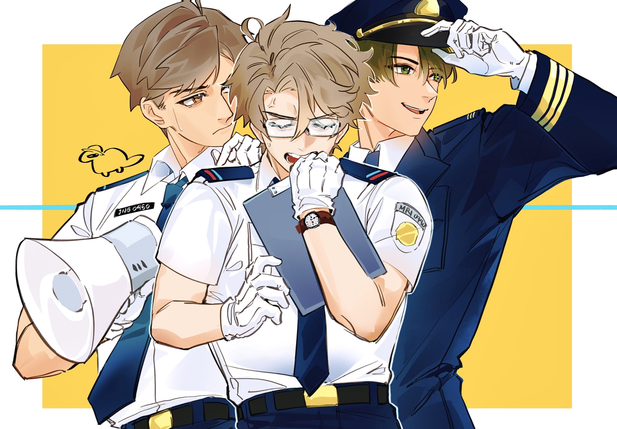 three male anime characters wearing uniform and standing close to each other. the character in the middle wearing white uniform with blue tie and holding a gray clipboard.  he has brown hair and  brown eyes. the character on the left side is holding a megaphone. he has brown hair and brown eyes. the character on the right side is wearing blue uniform with white gloves and holding a black cap. he has blond hair and blue eyes.