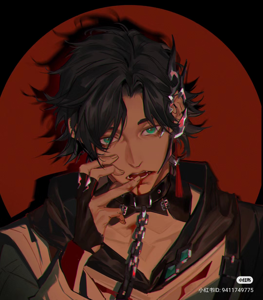 this is a digital illustration of a young man with an anime art style. he has dark hair, striking green eyes, and a pale complexion. he wears a black choker with a chain, and there's a hint of blood on his lips and finger, suggesting a vampire theme. the background is dark, with a prominent red circle that frames his head, adding to the dramatic and slightly sinister atmosphere.  the lighting is soft, casting shadows that accentuate his features and contribute to the overall mood of the piece.