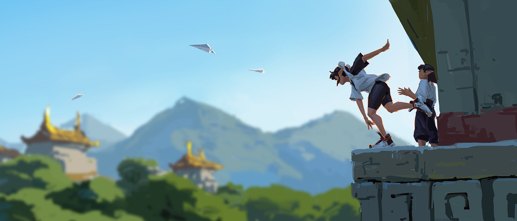 the artwork is a digital painting depicting a whimsical scene. two stylized characters, a boy and a girl, are on a high cliff overlooking a breathtaking landscape of mountains and asianstyle temples.  the boy is midjump, seemingly about to land or having just jumped, while the girl watches. paper airplanes fly in the sky. the style is reminiscent of anime or manga, with vibrant colors and a painterly feel. the overall mood is playful and adventurous.