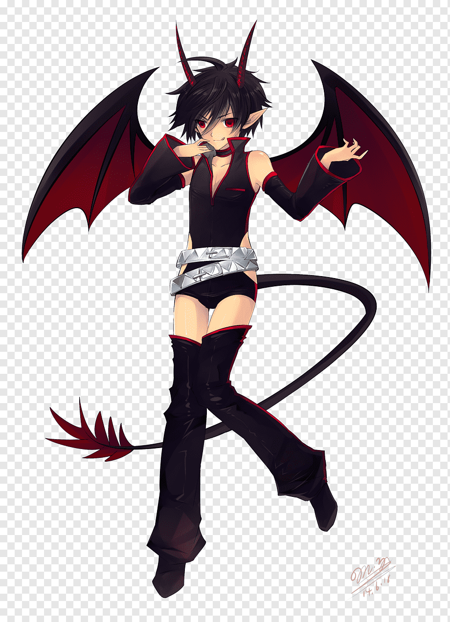 the image is a digital drawing of an animestyle demon boy. he has black hair, red eyes, black wings, and a long black tail. he is wearing a black outfit with silver accents. the background is transparent.