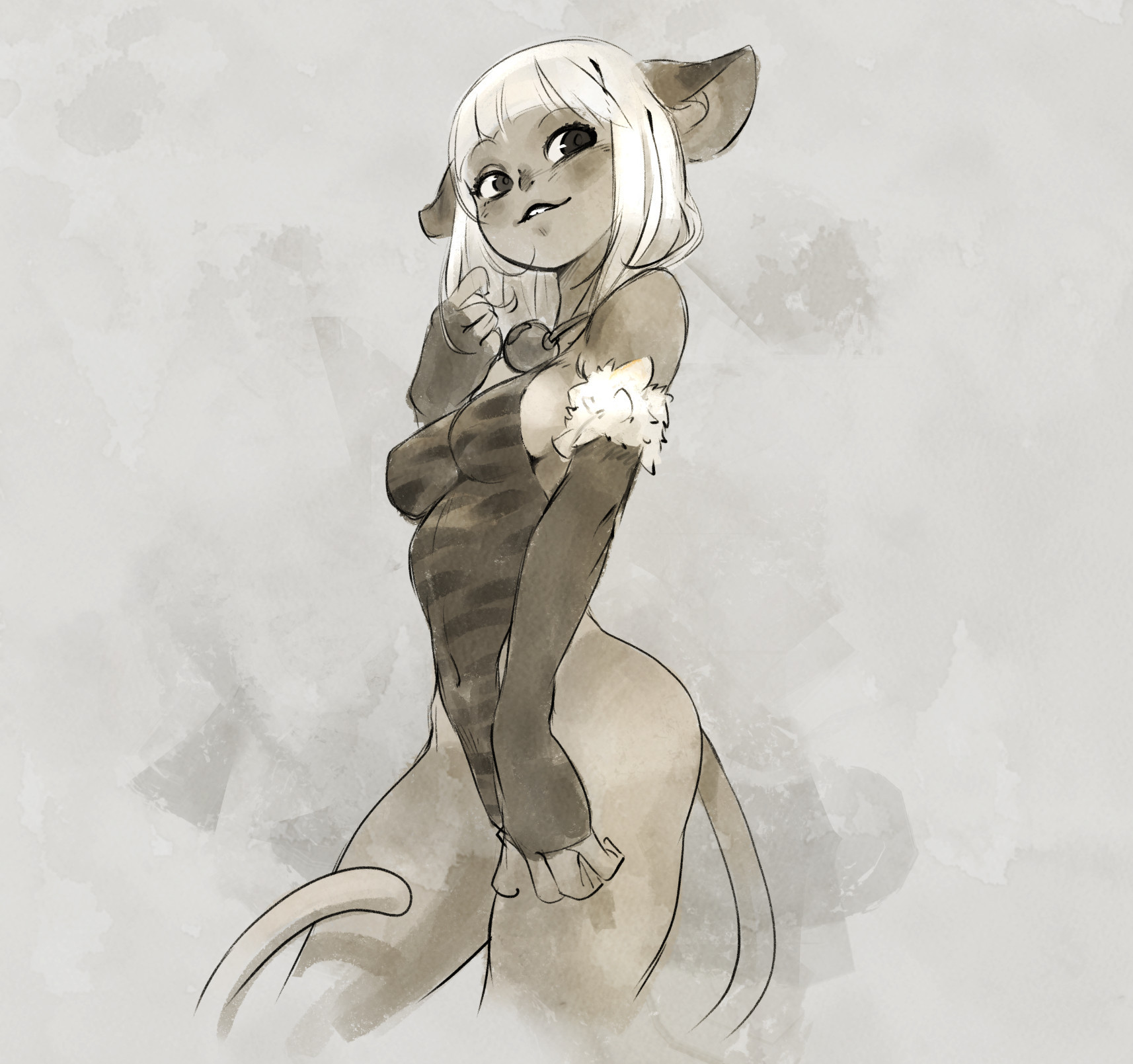 a furry cat girl with blonde hair, dressed in a striped leotard and a furry collar, poses with one hand on her hip and the other holding a finger to her lips. she is drawn in a sketchy style, using grayscale with white highlights. the background is a light gray with a blurred watercolor effect.