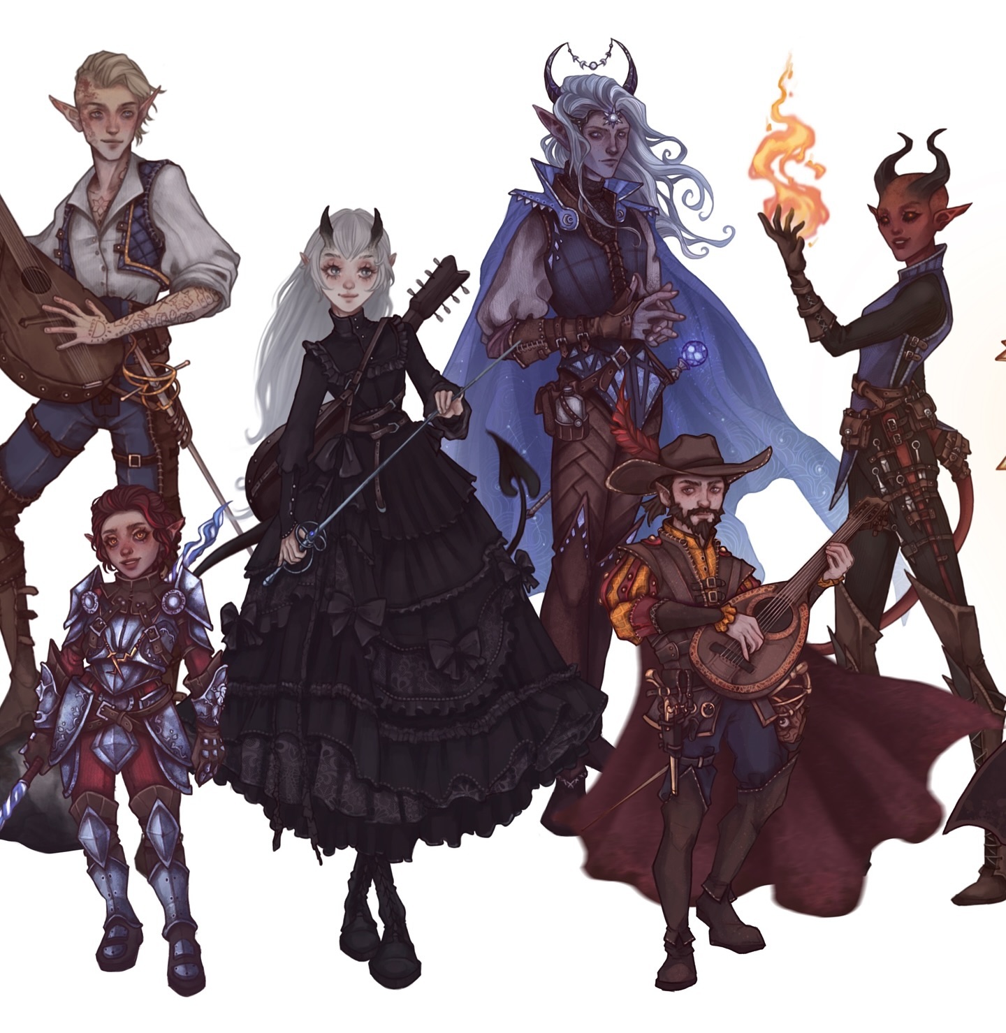 vibrant digital illustration showcases a diverse group of fantasy characters, reminiscent of dungeons & dragons or similar roleplaying games. the composition features seven individuals, each distinct in appearance and attire, suggesting various character classes.  an elf, a tiefling, a human, and several other fantastical beings are included, each equipped with weapons and attire appropriate to their apparent roles. the image is richly detailed with vibrant colors and intricate designs on clothing and accessories. the style is painterly, with soft shading and highlights. the characters are positioned dynamically, creating a sense of unity and adventure, making it ideal for game promotional material or book cover art.
