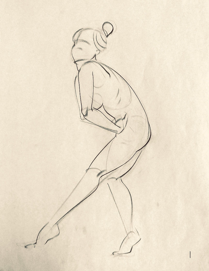 a pencil drawing of a woman standing with her left leg out, facing right, and her right leg bent, with one arm wrapped around her body and the other arm bent at the elbow. the drawing is done in line art style.