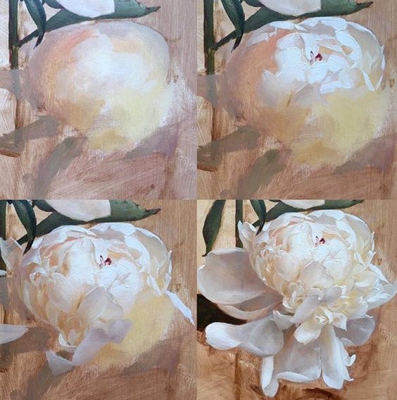 the image shows a fourstage progression of an oil painting depicting a white peony.  each quadrant displays a different step in the painting's creation, demonstrating the artist's process. the first stage shows a very rough blocking in of shapes and tones. the following stages progressively refine the flower, adding details to the petals, highlighting the texture and light, and developing the overall realism. the background is a warm, neutral tone that subtly complements the pale white of the peony.  the style suggests a realistic approach to painting, with visible brushstrokes contributing to the overall texture and depth.