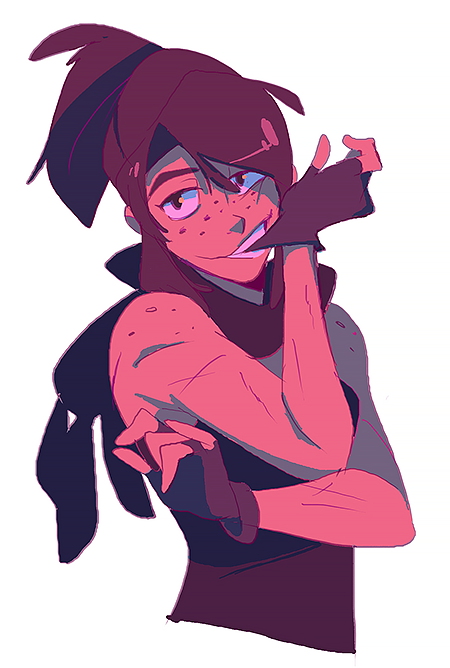 this digital illustration features a pink and purple animestyled woman with scars. she is looking over her shoulder with a smile and her hand touching her face. she is wearing a black sleeveless shirt.