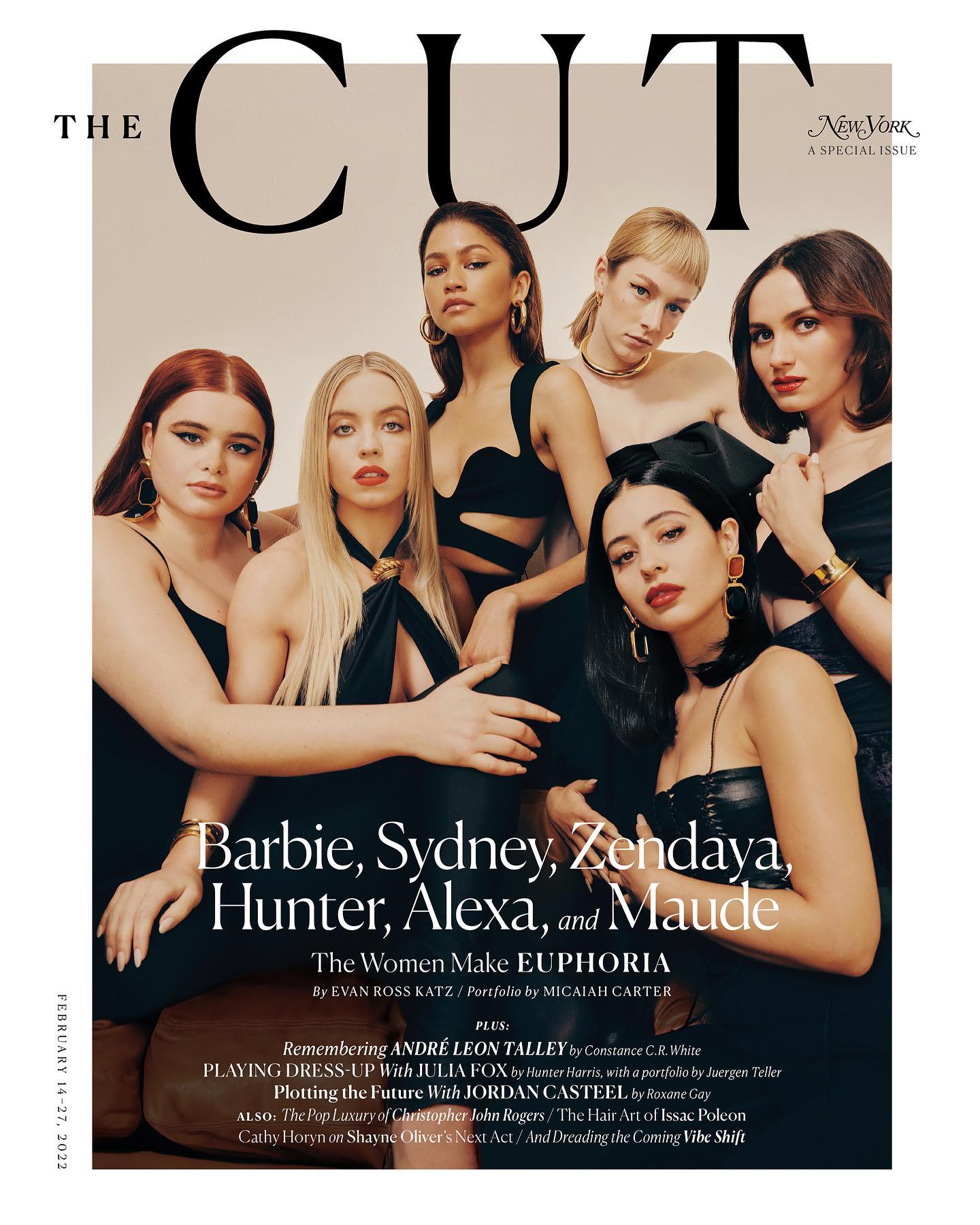 the cover of the cut magazine's february 1427, 2022 issue features a group portrait of the women from the hbo series euphoria: zendaya, sydney sweeney, barbie ferreira, hunter schafer, alexa demie, and maude apatow.  the women are posed closely together, dressed in various stylish dark clothing. the magazine title "the cut" is prominently displayed at the top.  the subtitle "the women make euphoria" appears below the actresses' names.  smaller text at the bottom highlights additional articles in the issue. the overall tone is sophisticated and glamorous.