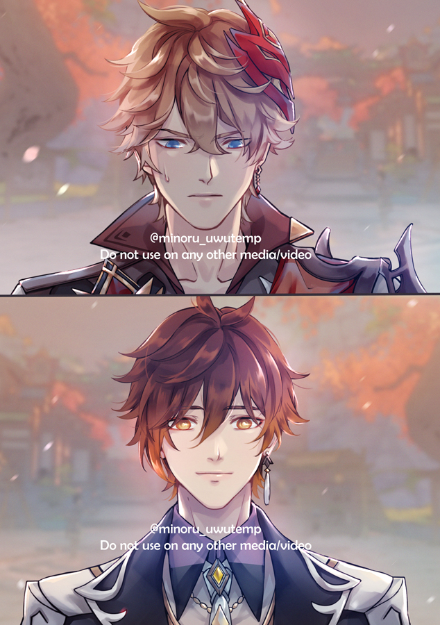 this is a digital illustration of two animestyle male characters with red and brown hair standing sidebyside. the one on the top with red hair appears sad while the one on the bottom with brown hair appears happy. they are both facing towards the viewer. the background is blurry and shows a city with buildings and trees.