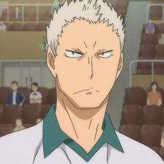 a closeup portrait of an anime character with spiky blonde hair and a determined expression on his face. he is wearing a white and green athletic shirt. the background is blurred, suggesting he is in a stadium or gymnasium.
