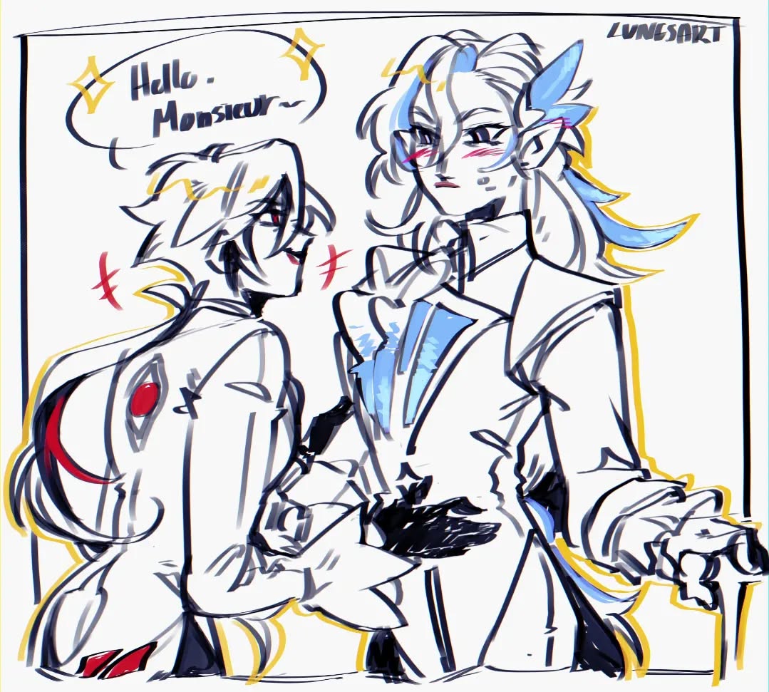 he image is a digital drawing or fanart showcasing two male anime/mangastyle characters.  one character, with shorter, lighter hair, is greeted by a taller character with longer, lightcolored hair styled with blue accents that resemble fins or feathers. the taller character wears a more formal white suit with blue detailing. the shorter character wears a similar, though less formal, white suit. the interaction between them is depicted as friendly, perhaps a greeting as suggested by the speech bubble that reads "hello monsieur". the art style is dynamic and expressive, with loose linework that emphasizes movement and emotion. the background is plain white, drawing focus to the characters and their interaction. the artist's signature, "lunesari," is visible in the upper right corner.