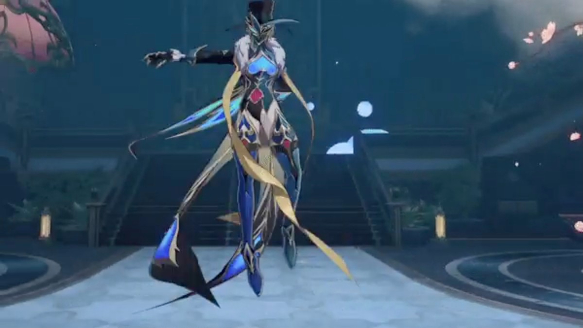 an animated character with blue and gold wings is floating in midair. she is dressed in a blue, white, and black outfit, and she is wearing a hat. she is standing against a dark background, and there is a slight glowing effect to her wings and body.