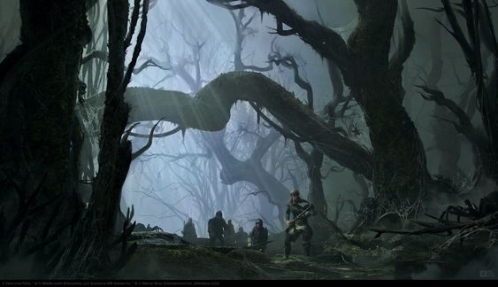 a group of adventurers cautiously make their way through a dark and misty swamp.  the forest is thick with gnarled, mosscovered trees, and shafts of light break through the canopy, creating an eerie and atmospheric scene.