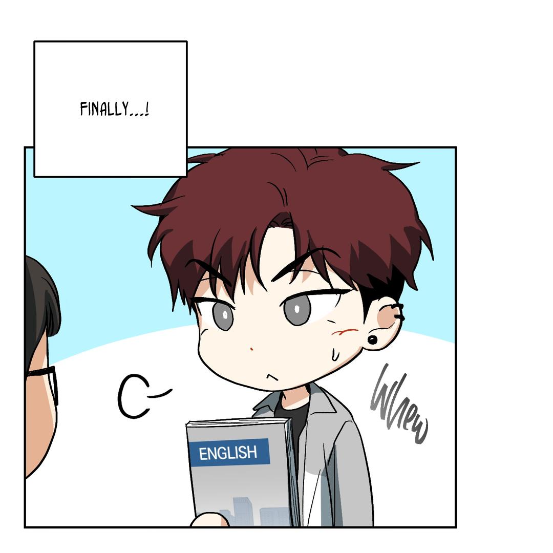 the image is a panel from a manhwa or webtoon.  it features a chibistyle closeup of a boy with dark brown hair and earrings, wearing a grey jacket. he's holding an english textbook and his expression shows relief, with a speech bubble above him that says "finally...!". another character, only partially visible, is seen to the left, suggesting a conversation or interaction is taking place. the art style is clean and simple, with a focus on expressive eyes and simplified features. the background is a light blue. the overall tone is lighthearted and comedic.