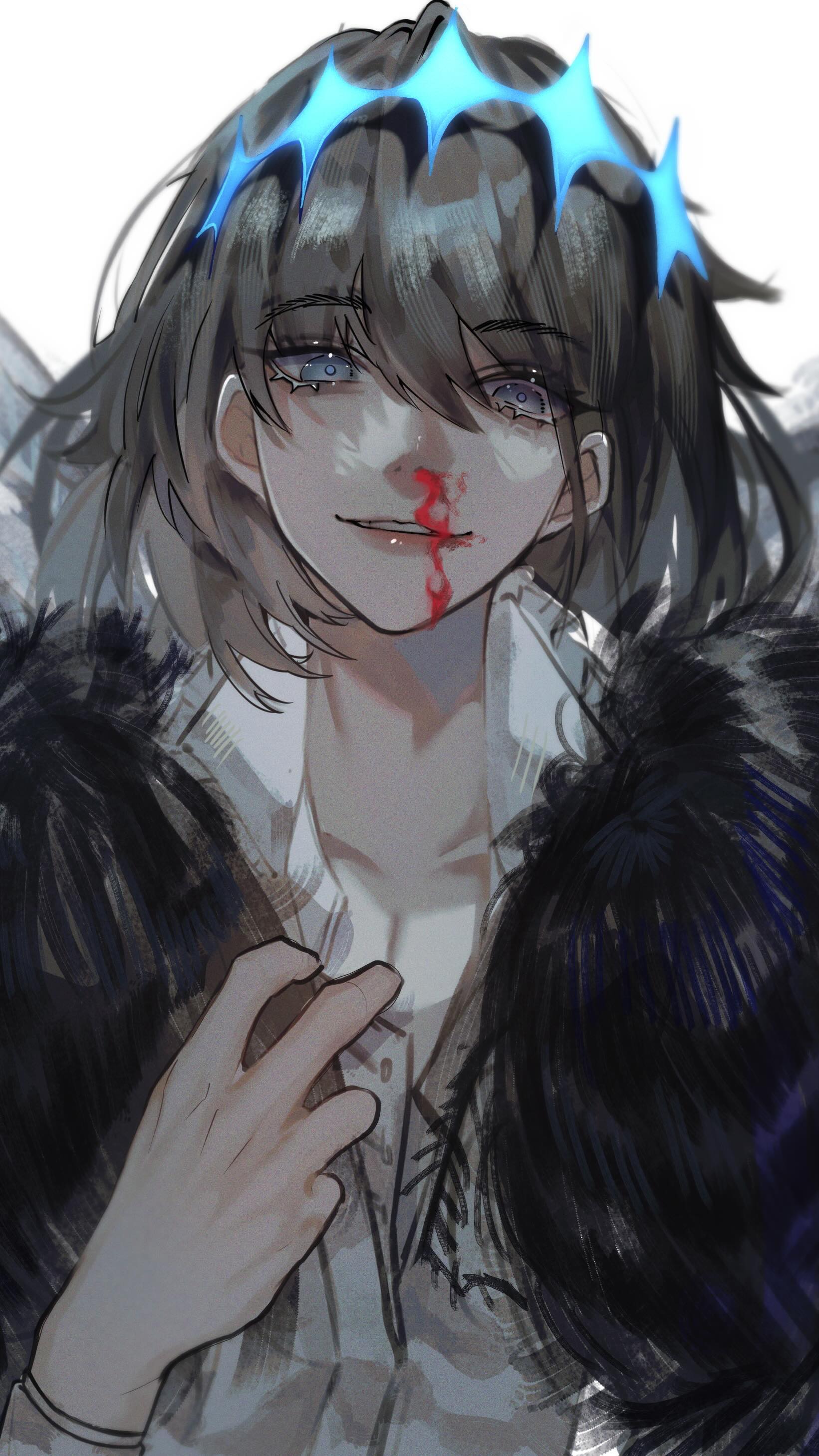 the image is a digital painting or illustration of an animestyle girl. she has long, dark hair and is wearing a dark furtrimmed jacket. she has a crown of blue glowing points on her head. there is blood on her upper lip, and she has a sad or pained expression on her face.  she's clutching at her jacket collar. the style is detailed and expressive, with a focus on the girl's emotional state. the background is white, which keeps the focus on the character. the overall mood is dark, mysterious, and sorrowful.