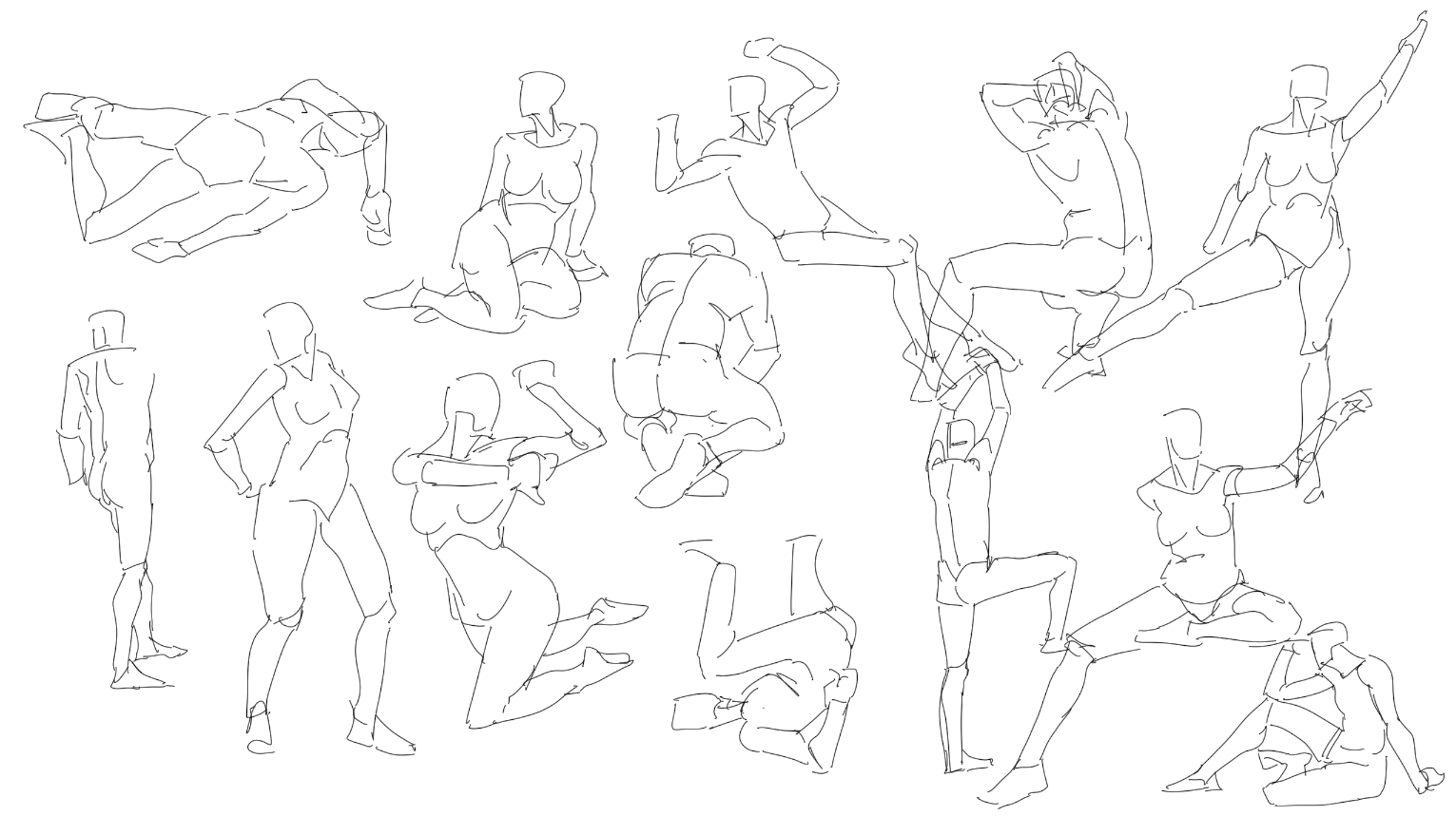 a collection of quick figure drawings, likely done as gesture drawing practice. the drawings capture various dynamic poses of the human form in simple lines, focusing on movement and flow rather than detail.