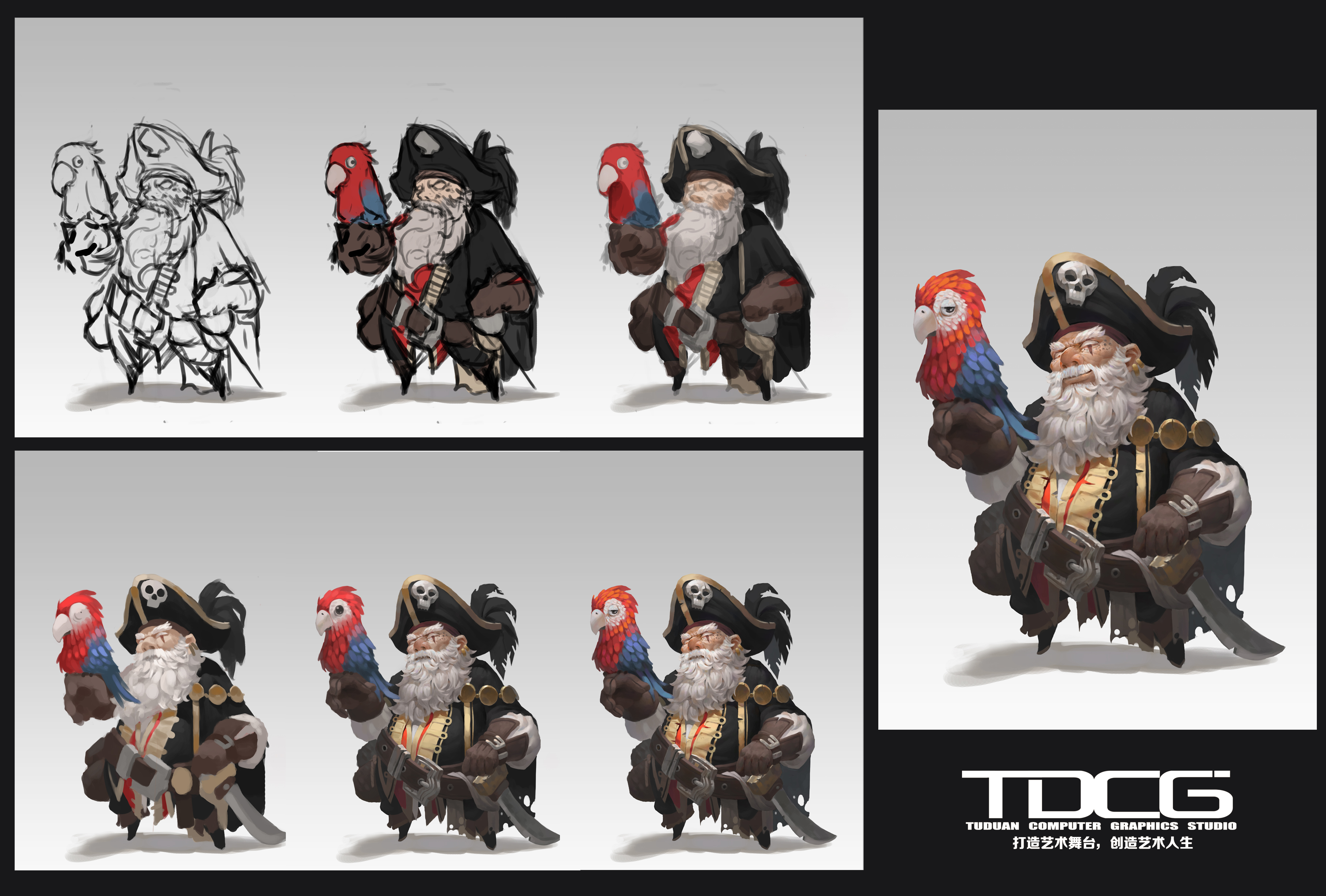 this image showcases the stepbystep digital illustration process of a cartoonish pirate character design.  the pirate, with a jovial expression, sports a classic pirate captain's hat and attire, complete with a trusty parrot perched on his shoulder.  he is positioned against a plain white backdrop, allowing the vibrant colors and details of his character to take center stage. the image progresses from a rough lineart sketch, gradually adding color, shading, and texture until a polished final design is achieved.