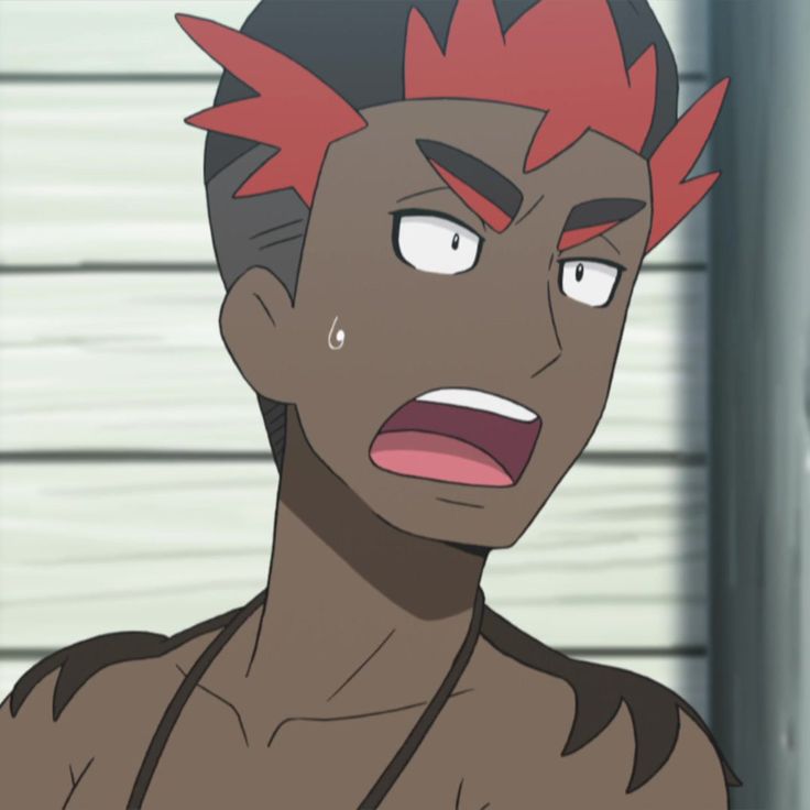 a closeup of an anime cartoon character with brown skin and red hair. he has a surprised expression on his face. his mouth is open and his eyes are white. the character is wearing a necklace. he is standing in front of a wooden background.