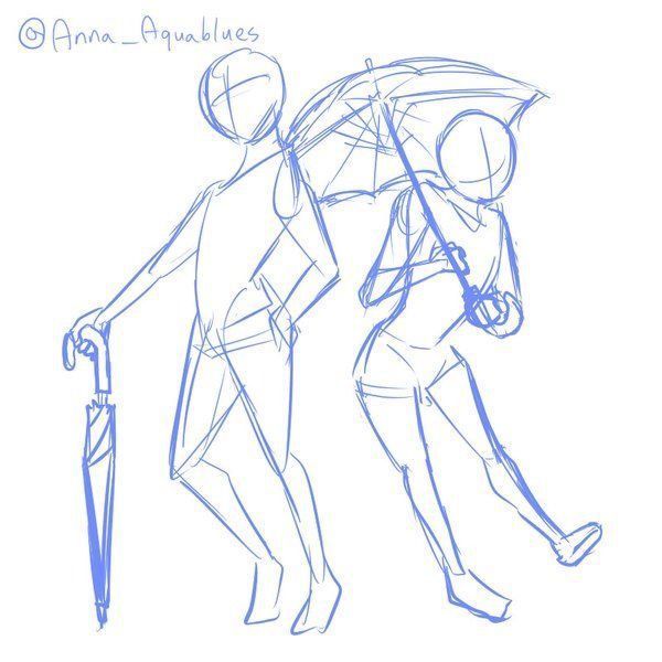 this is a digital sketch of two people with an umbrella, drawn in blue. the drawing shows the outline of two figures and has no facial features. the figure on the left is holding an umbrella.  the figure on the right is holding the umbrella over their head. they appear to be a couple.  the sketch may be used as a guide for an illustration.