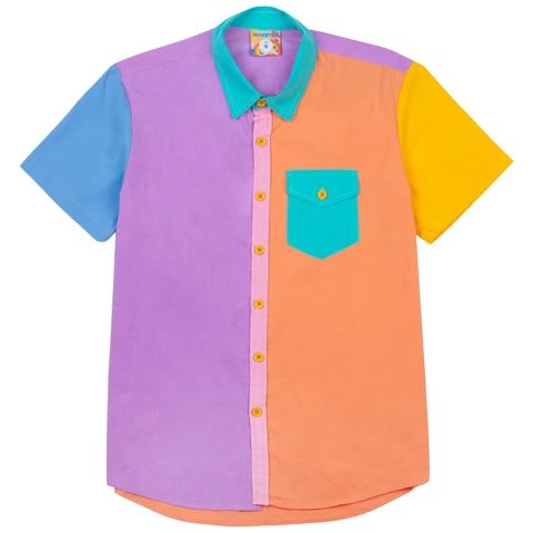 a colorful, shortsleeve buttondown shirt is showcased. the shirt is split into multiple sections with distinct colors. the left side of the shirt is lavender, with a light blue sleeve. the right side is orange, with a yellow sleeve. a teal pocket is placed on the right breast, and the collar is also teal. the placket is pink, with yellow buttons running down the front.