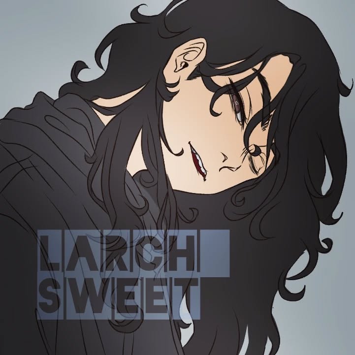 the image is a digital drawing or illustration of a stylized female character, possibly from an anime or manga.  she has long, dark hair, and is wearing a dark hooded garment. her expression is a subtle smirk or halfsmile, giving her a somewhat mysterious appearance. the style is clean and elegant, with clear lines and subtle shading.  the artist's signature, "larch sweet," is prominently displayed on the image. the overall color palette is muted, mostly grayscale with hints of darker tones. the artwork suggests a character from a graphic novel or comic book.