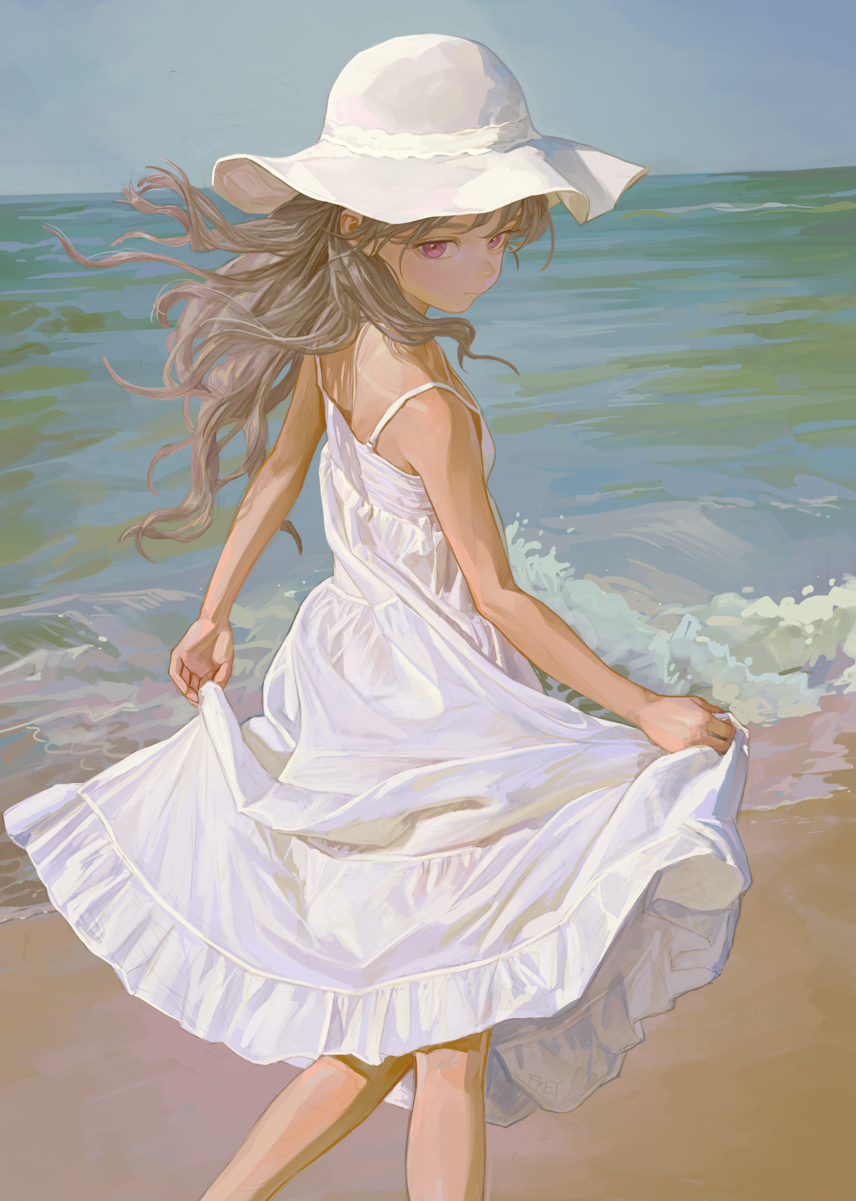 an illustration shows a young woman at the beach, wearing a white dress and hat. her light, wavy hair is blowing in the wind. she is holding the edges of her dress, which has frills at the bottom. the background features the sea and sand.