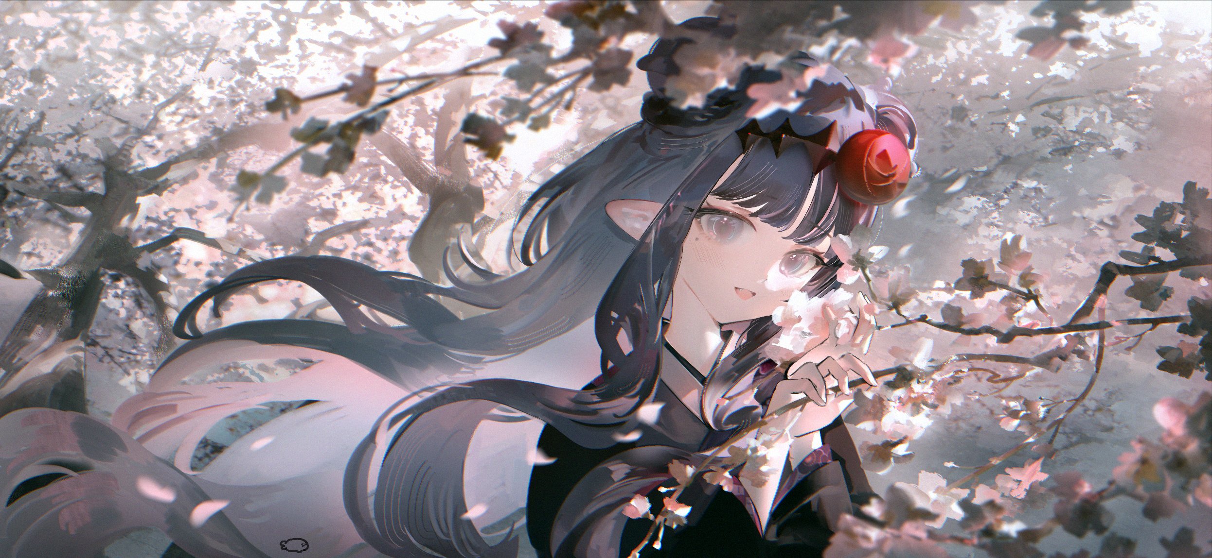 he image showcases a stunning animestyle illustration of a young woman. she possesses long, flowing black hair, accentuated by elflike ears.  she is adorned with a darkcolored headpiece or crown decorated with a noticeable, vibrant red ornament.  the girl's expression is serene and thoughtful as she appears to be gently interacting with blooming cherry blossoms. the overall aesthetic is ethereal and dreamy, with soft color palettes and a focus on the delicate details of the flowers and the girl's features.  the background is filled with branches of blossoming cherry trees, creating a sense of depth and immersing the girl within a lush, natural environment. the artistic style leans towards a painterly approach, with visible brushstrokes contributing to the image's softness and texture.