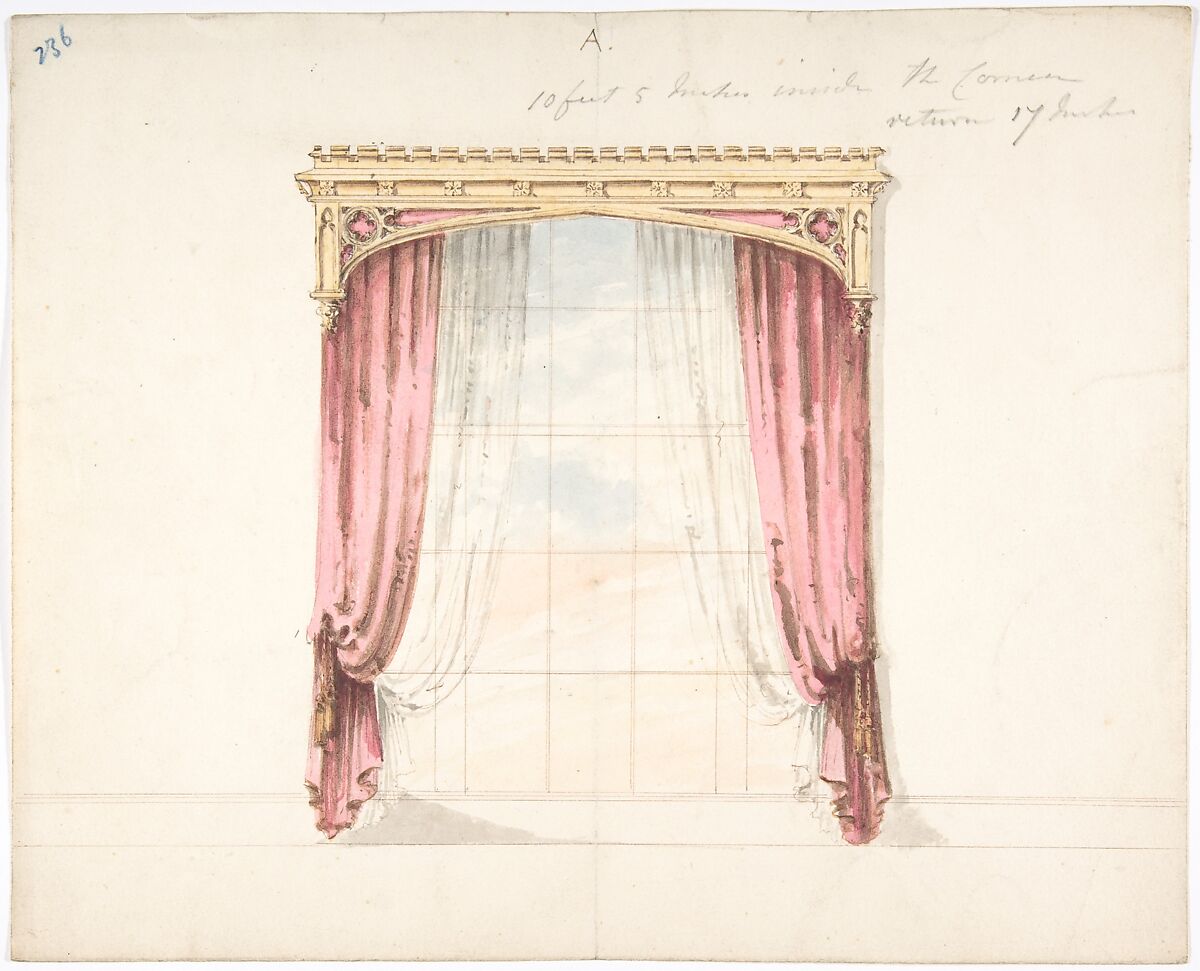 a watercolor drawing shows a window with pink curtains and a decorative valance. the curtains are draped to the sides, revealing a sheer white undercurtain. the window itself features multiple panes and a view of the sky. a valance with neoclassical motifs tops the window. the walls around the window are light, and a simple base molding is present at the bottom of the image. the drawing appears to be an architectural rendering or a sketch for interior design.