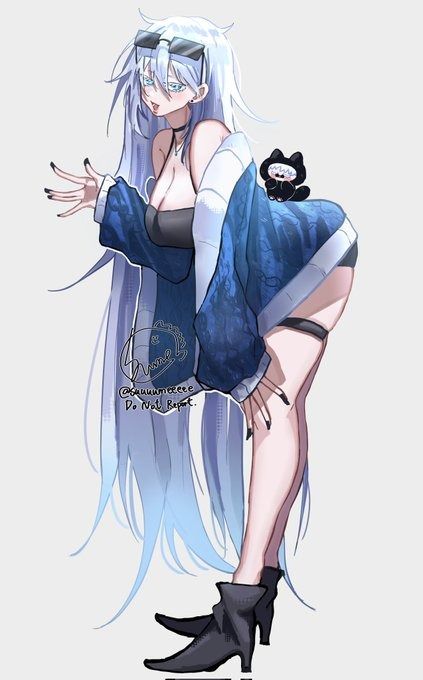 the image is a digital illustration of an animestyle girl. she has long, flowing white and light blue hair, and she's wearing a blue jacket, a black top, and black boots.  she has sunglasses perched on her head and a small, black chibilike creature is perched on her shoulder. her pose is casual and slightly suggestive. the art style is smooth and detailed, with soft shading and a focus on fashion and character design.  the overall aesthetic is modern and trendy.