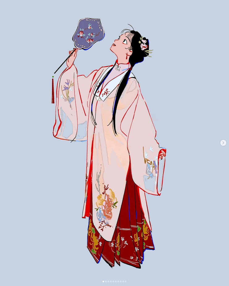 a woman in a traditional chinese dress, or cheongsam, is illustrated in a beautiful and colorful art style. she is holding a fan in her hand and looking up. the dress is red and pink with floral embroidery. her hair is black and pulled back in a bun. she is standing against a blue background. the art style is simple and elegant.